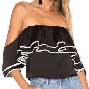 Lovers + Friends Ruffle Off Shoulder Black White Top
